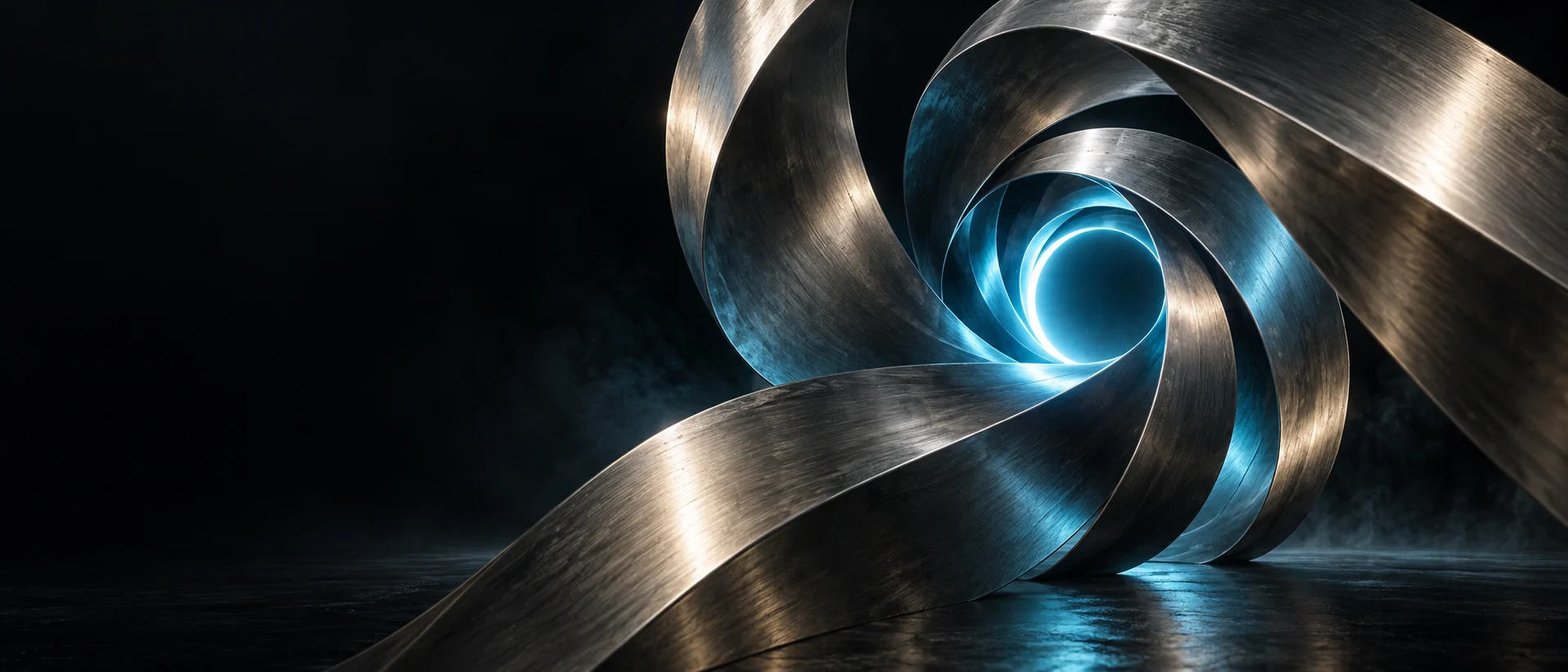 Una scultura di metallo converge in un punto di luce blu